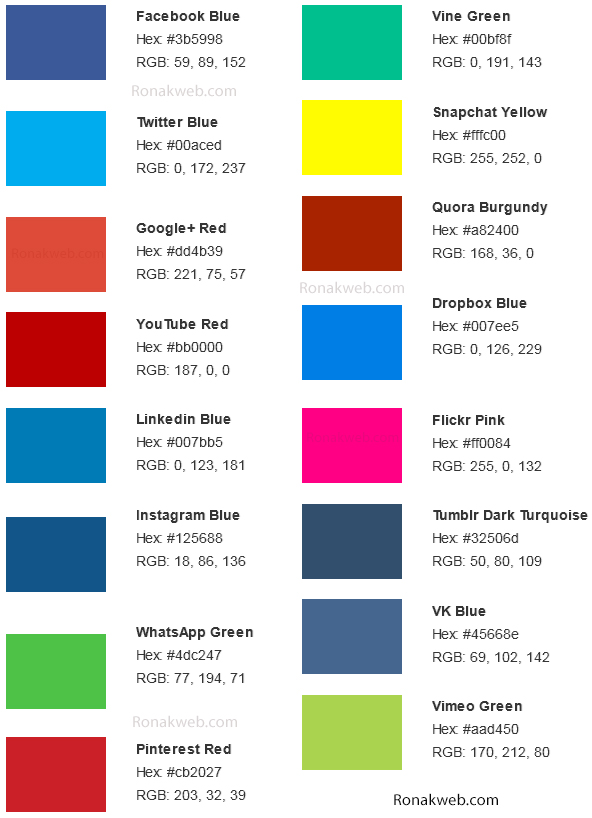 کد رنگ فلت rgb و hex شبکه های اجتماعی